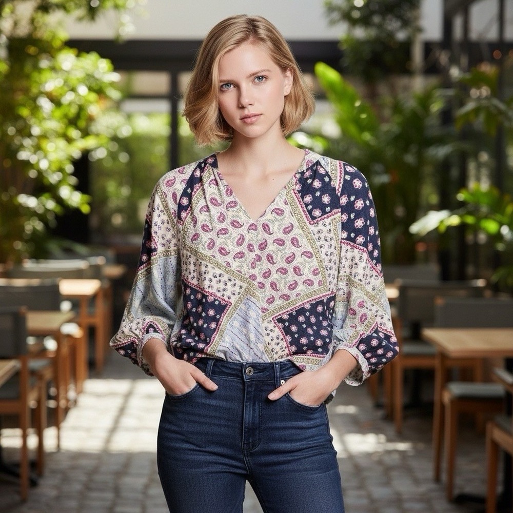 LOFT Petite Patchwork Paisley Blouse Women's SP Boho Cottagecore